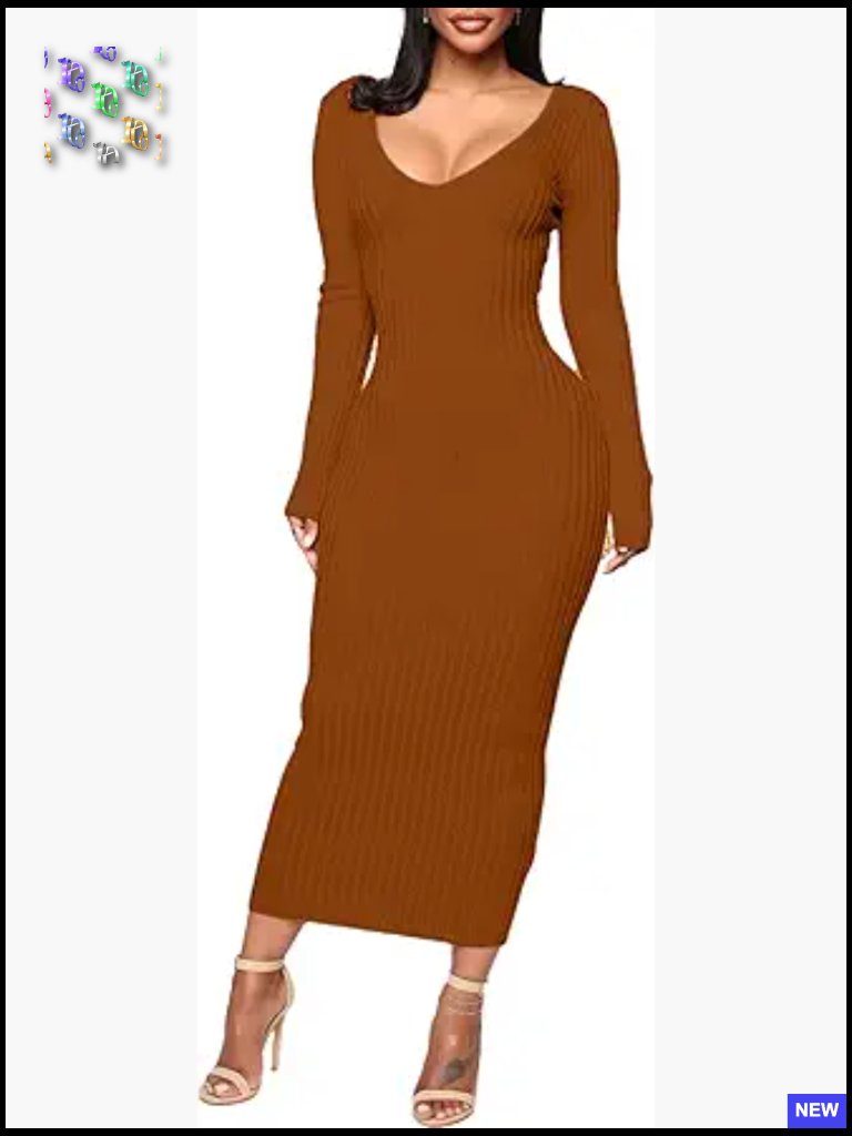 Sexy Ribbed Bodycon Sweater Dress V-Neck Off Shoulder Long Sleeve Midi